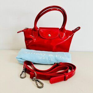 NEW TIFFANY AND FRED PARIS TWO-WAY SMALL RED PATENT LEATHER CROSSBODY SATCHEL